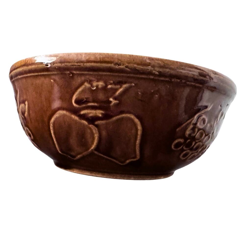 Vintage Ceramic Bowl USA Brown Rustic Farmhouse Painted Fruit Pattern